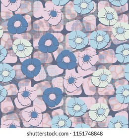 A seamless pattern made up of flowers arranged on an abstract background with a grid of rounded shapes.