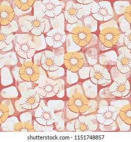A seamless pattern made up of flowers arranged on an abstract background with a grid of rounded shapes.