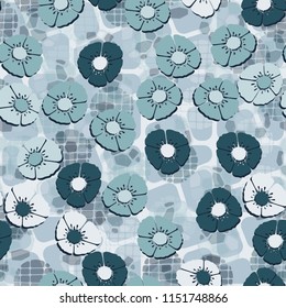 A seamless pattern made up of flowers arranged on an abstract background with a grid of rounded shapes.