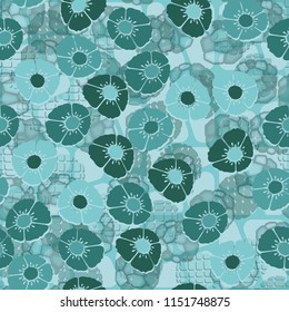 A seamless pattern made up of flowers arranged on an abstract background with a grid of rounded shapes.