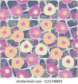 A seamless pattern made up of flowers arranged on an abstract background with a grid of rounded shapes.