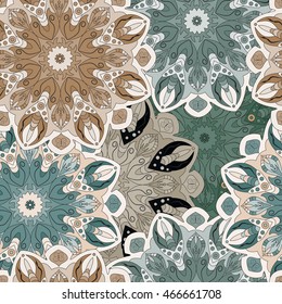Seamless pattern made of flowery mandalas in vintage style Filigree pastel ornament for wrapping, background. Indian, eastern, pakistan, turkish, arabic, islamic, japanese, chinese illustration 