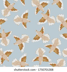 Seamless pattern made with flying pigeons. White, beige pigeons in motion - fly.