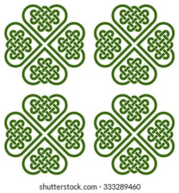 A seamless pattern made of four-leaf clover shaped knots (made, in turn, of Celtic heart shape knots), vector illustration, green silhouette isolated on white background