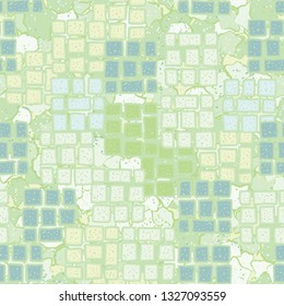 Seamless pattern made up of fragments of symbolic stonework on abstract background.