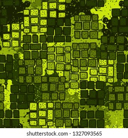 Seamless pattern made up of fragments of symbolic stonework on abstract background.