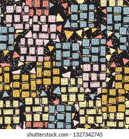 Seamless pattern made up of fragments of symbolic stonework on abstract background.
