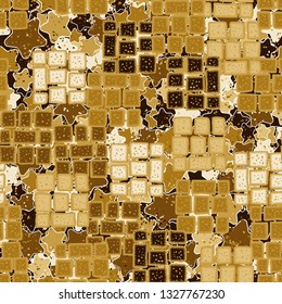 Seamless pattern made up of fragments of symbolic stonework on abstract background.