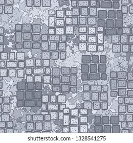 Seamless pattern made up of fragments of symbolic stonework on abstract background.