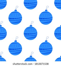 Seamless pattern made frome hand drawn blue Christmas tree ball with doodle elements. Isolated on a white background.