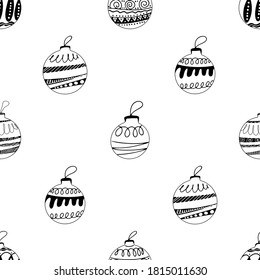 Seamless pattern made frome hand drawn Christmas tree balls with doodle elements. Isolated on a white background. Vector stock illustration.