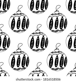 Seamless pattern made frome hand drawn Christmas tree balls with doodle elements. Isolated on a white background. Vector stock illustration.