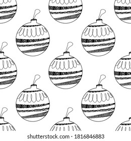 Seamless pattern made frome hand drawn Christmas tree balls with doodle elements. Isolated on a white background. Vector stock illustration.