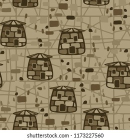 A seamless pattern made up of funny stone towers, located on the background of an abstract network.