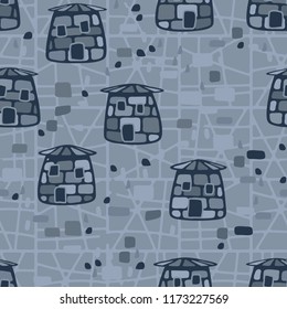 A seamless pattern made up of funny stone towers, located on the background of an abstract network.