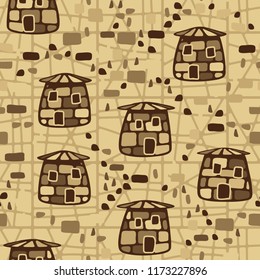 A seamless pattern made up of funny stone towers, located on the background of an abstract network.