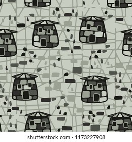 A seamless pattern made up of funny stone towers, located on the background of an abstract network.