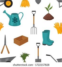 Seamless pattern made from garden tools on a white background. Cartoon style. White background. Object for packaging, advertisements, menu. Vector illustration.