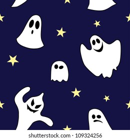 Seamless pattern made of ghosts and stars on dark background