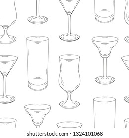 Seamless pattern made from glasses for cocktails and drinks. for packaging, advertisements. Isolated image. Black and white. Vector illustration.. Hand drawn endless picture.