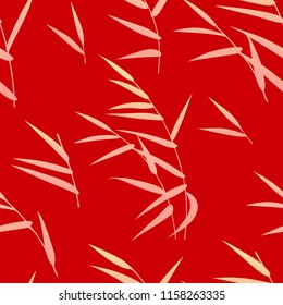 Seamless pattern made with golden reed on red background. Endless texture with simple elements of autumn plant. Vector flat naive floral decoration.