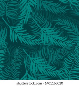 Seamless pattern made with green silhouettes of tropical leaves on dark green backgrounds Tropic folage texture.Vector flat illustration