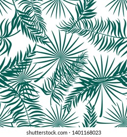 Seamless pattern made with green silhouettes of tropical leaves on white background. Tropic folage texture.Vector flat illustration