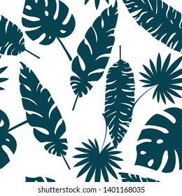 Seamless pattern made with green silhouettes of tropical leaves on white background. Tropic folage texture.Vector flat illustration
