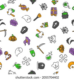 Seamless pattern made of halloween doodle icons vector isolated. Collection of cute and funny decoration for October holiday. Spooky skull, ghost, bat and cauldron.