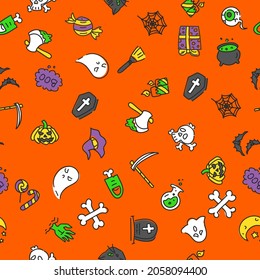 Seamless pattern made of halloween doodle icons vector isolated. Collection of cute and funny decoration for October holiday. Spooky skull, ghost, bat and cauldron.