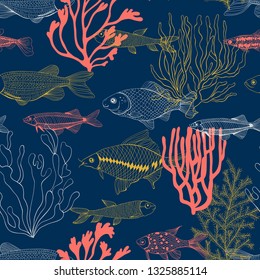 Seamless pattern made of hand drawn ocean fishes and corals. Element for design.