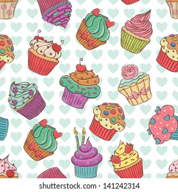 Seamless pattern made of hand drawn cupcakes.