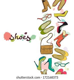 Seamless pattern made of hand drawn high heel shoes, boots, flat shoes, glasses and bag.