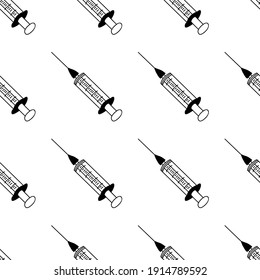 Seamless pattern made from hand drawn syringe illustration. Isolated on white background.