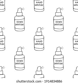 Seamless pattern made from hand drawn sanitizer bottle illustration. Isolated on white background.