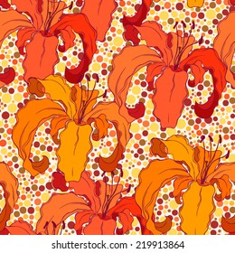 Seamless pattern made of hand drawn tiger lily. Vivid orange.
