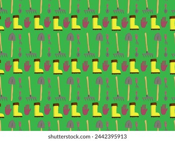 Seamless pattern made of hand drawn cartoon styled objects: shovel, gloves, boots, rake, small shovel (hoe), small rake, green backdrop. Gardening theme. Vector illustration.