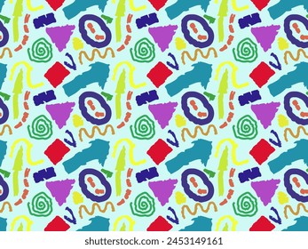 Seamless pattern made of hand drawn abstract figures, colorful. Vector illustration.