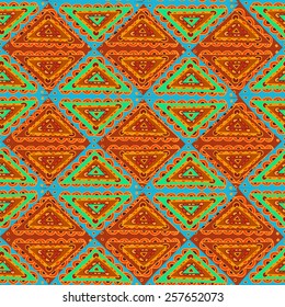 Seamless pattern made of hand drawn colorful ornamental triangles with curves in ethnic style. Symmetrical composition. Seamless background. Clipping mask is used, vector illustration.