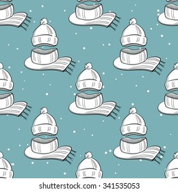 Seamless pattern made from hand drawn scarfs and hats. Vector illustration.