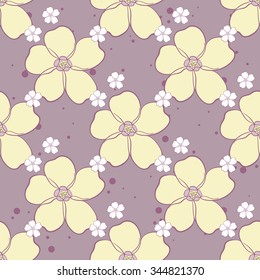 Seamless pattern made from hand drawn flowers and color dots. Vector illustration.