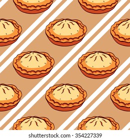 Seamless pattern made from hand drawn pies and white stripes. Vector illustration for cafe or bakeries.