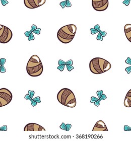 Seamless pattern made from hand drawn painted eggs and blue bows on white background. Vector illustration.
