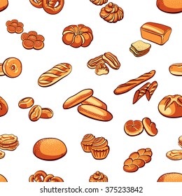 Seamless pattern made from hand drawn bread and buns on white background. Vector illustration.