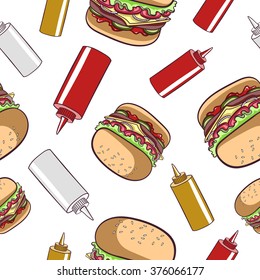 Seamless pattern made from hand drawn hamburgers and sauces. Vector illustration.