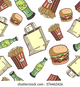 Seamless pattern made from hand drawn fast food. Vector illustration.