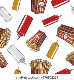 Seamless pattern made from hand drawn french fries and sauces. Vector illustration.