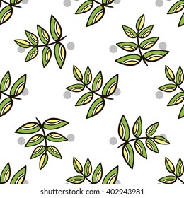 Seamless pattern made from hand drawn leaves and gray circles on white background. Vector illustration.