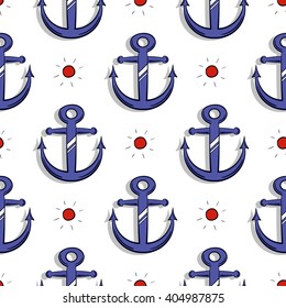 Seamless pattern made from hand drawn blue anchor and red sun on white background. Vector illustration. Can be used for wrapping paper or print on fabric.