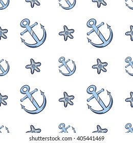 Seamless pattern made from hand drawn blue anchor and starfish on white background. Vector illustration. Can be used for wrapping paper or print on fabric.
